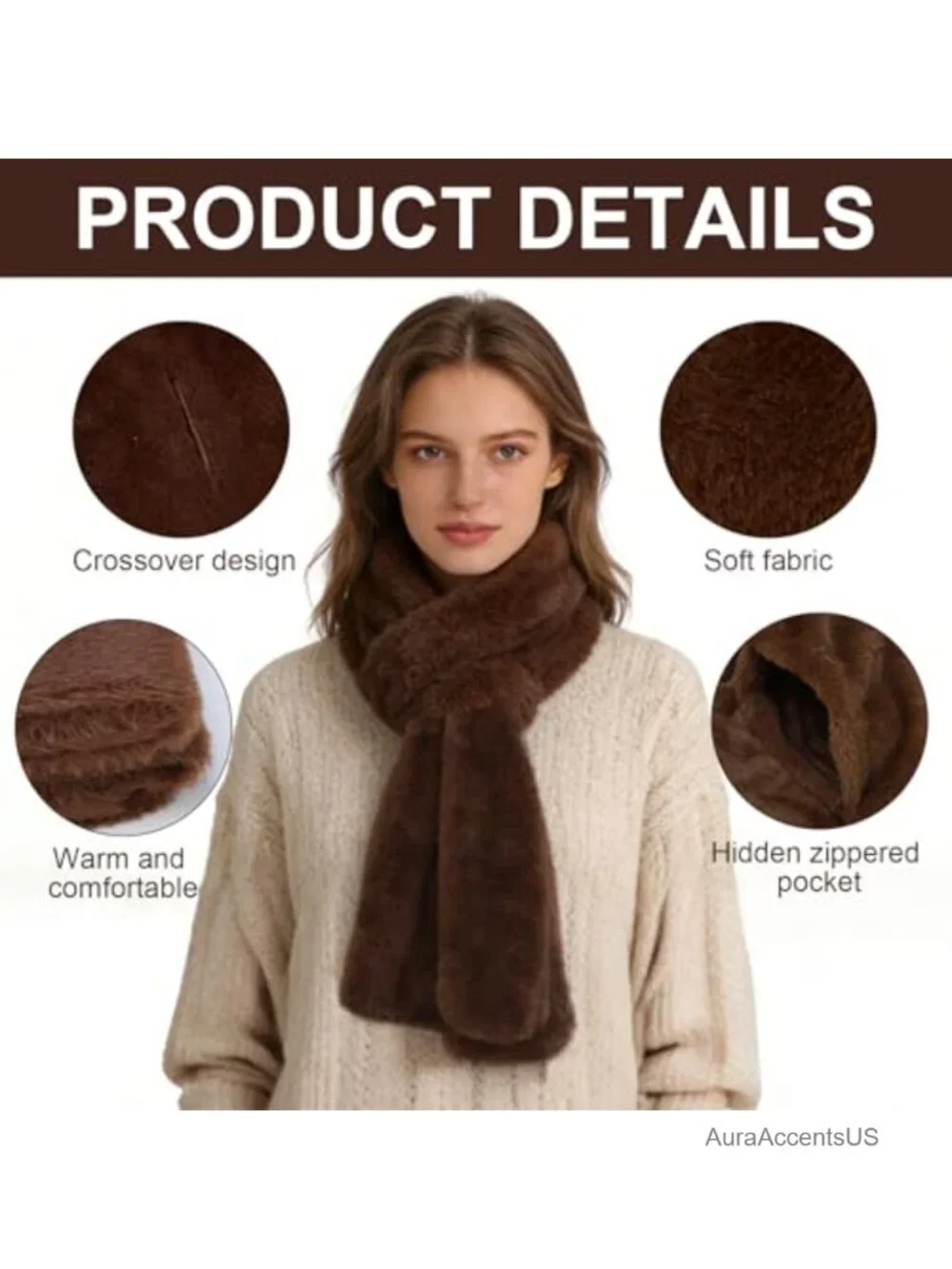 Faux-Fur Pull Through Scarf with Hidden Zipper Pocket, Cozy Winter Wrap